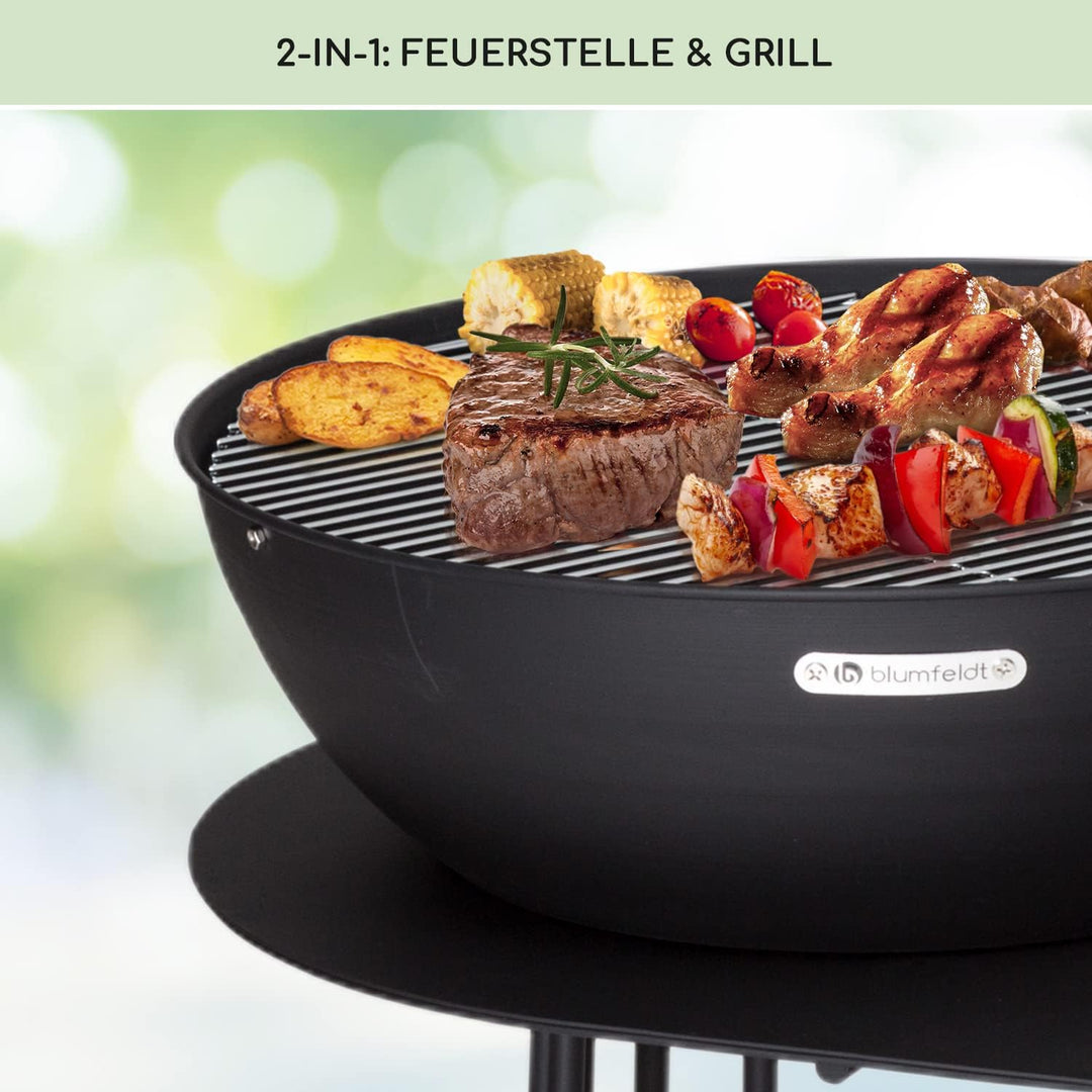blumfeldt Feuerschale für den Garten, mit Grillrost & Abdeckung, Stahl Feuerschalen Klein, Wetterfes