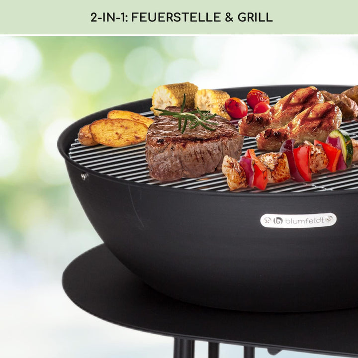 blumfeldt Feuerschale für den Garten, mit Grillrost & Abdeckung, Stahl Feuerschalen Klein, Wetterfes