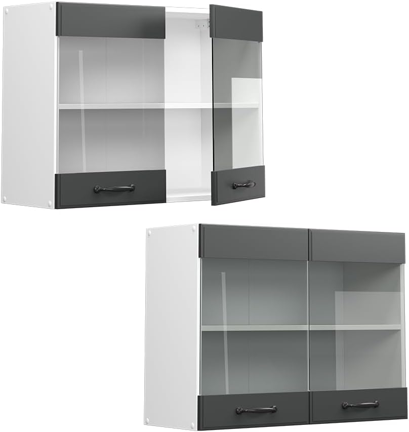 Vicco Küchenschrank Glas R-Line, Anthrazit Landhaus/Weiss, 80 cm Anthrazit Landhaus Hängeglasschrank