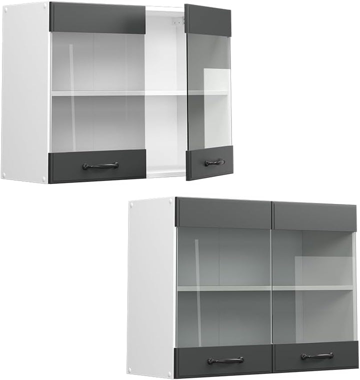 Vicco Küchenschrank Glas R-Line, Anthrazit Landhaus/Weiss, 80 cm Anthrazit Landhaus Hängeglasschrank