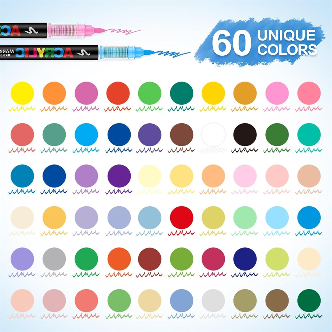 Guangna 60 Farben Acrylstifte Marker Set für Stoff, Leinwand, Glas, Holz und Papier, 60