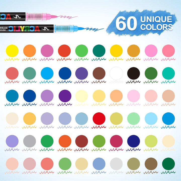 Guangna 60 Farben Acrylstifte Marker Set für Stoff, Leinwand, Glas, Holz und Papier, 60