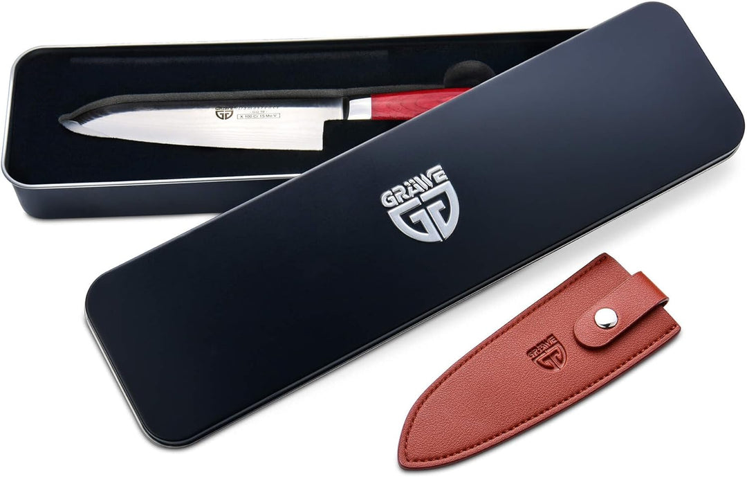 GRÄWE Damastmesser aus Damaststahl, gross, 12,5 cm Klinge, scharf, Damaszener Santokumesser mit Holz