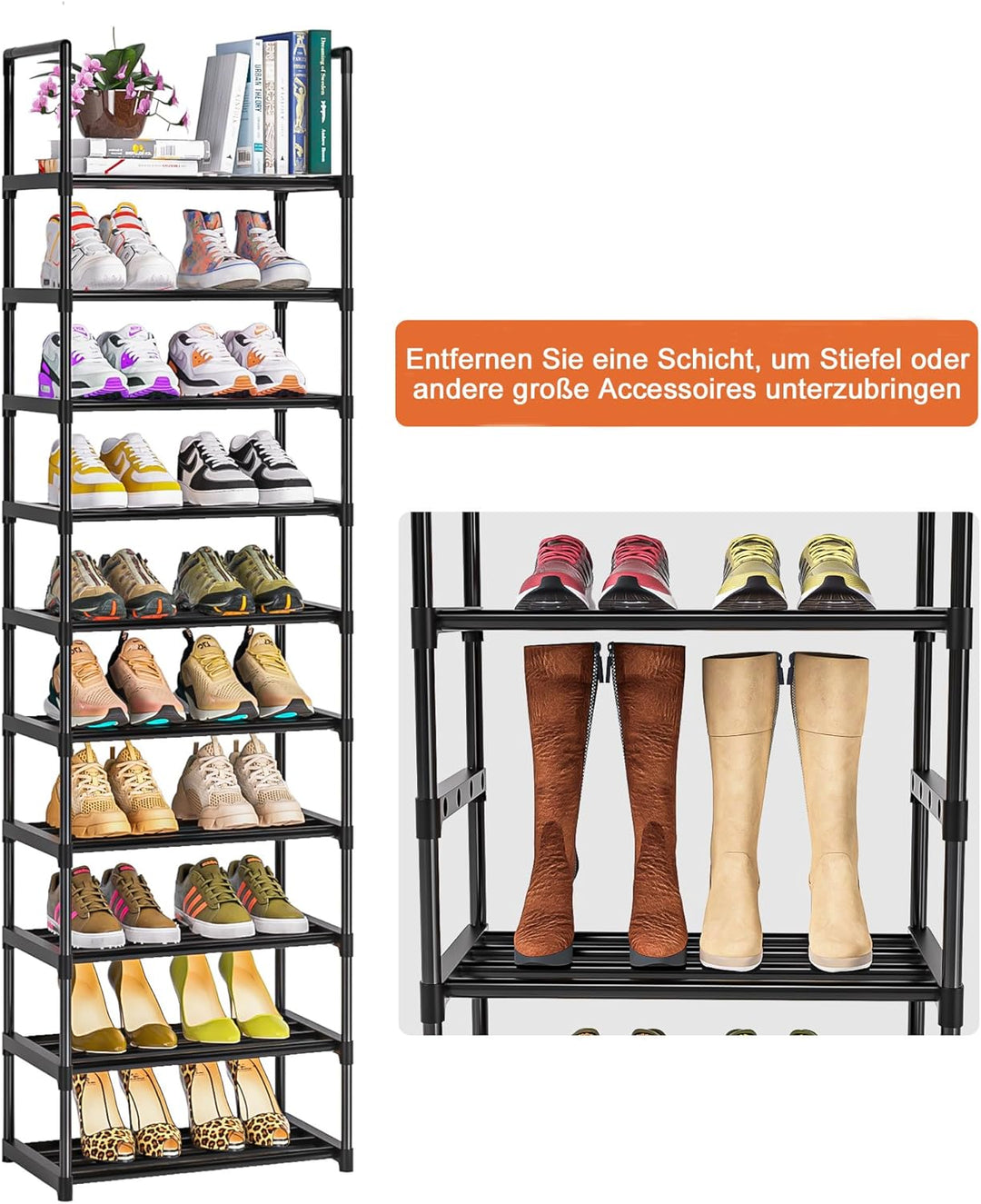 OYREL Schuhregal 10 Ebenen Platz Sparen, Schuh-Organizer Grosse Kapazität für 20-25 Paar Schuhe, Met