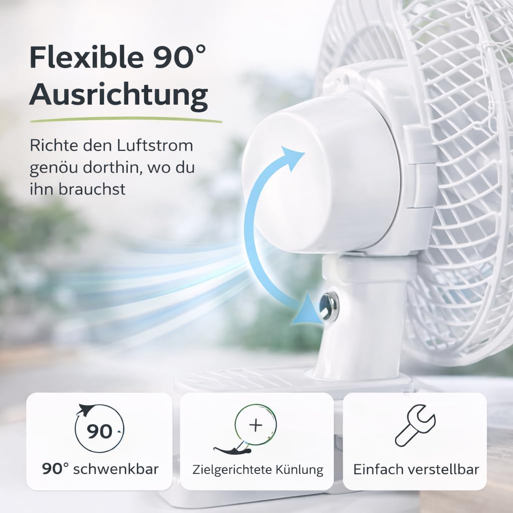 2 in 1 Tragbarer Tischventilator mit Ständer & Clip (20 cm) mit Schwenkfunktion – leiser Ventilator