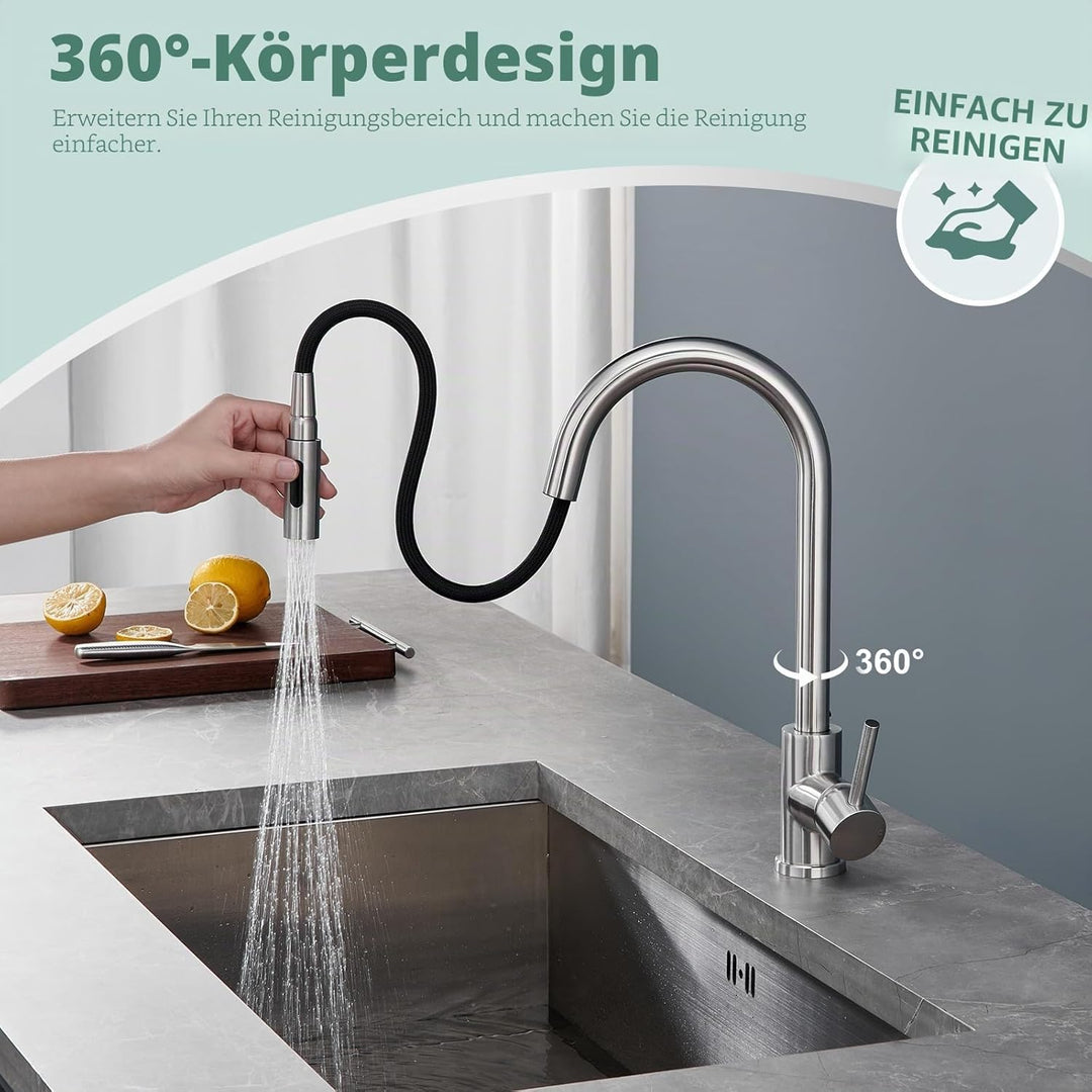 YardMonet Küchenarmaturen wasserhahn küche,ausziehbar 360° Drehbar 2 Sprühfunktionen, Edelstahl küch