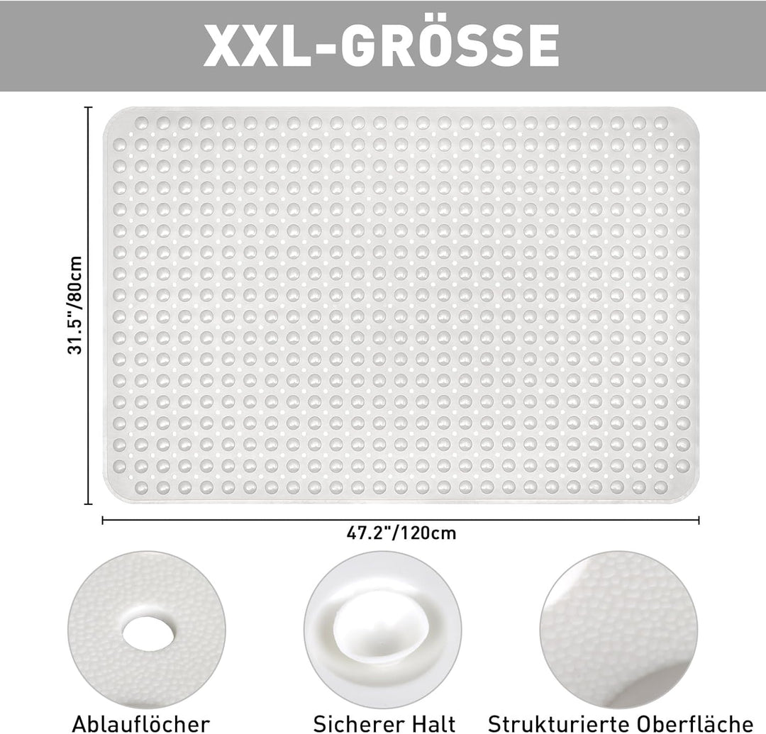 Gross Duschmatte rutschfest 80x120cm: Weich TPE Duscheinlage mit Ablauflöchern und Saugnäpfen - Anti