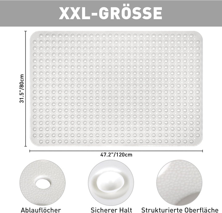 Gross Duschmatte rutschfest 80x120cm: Weich TPE Duscheinlage mit Ablauflöchern und Saugnäpfen - Anti