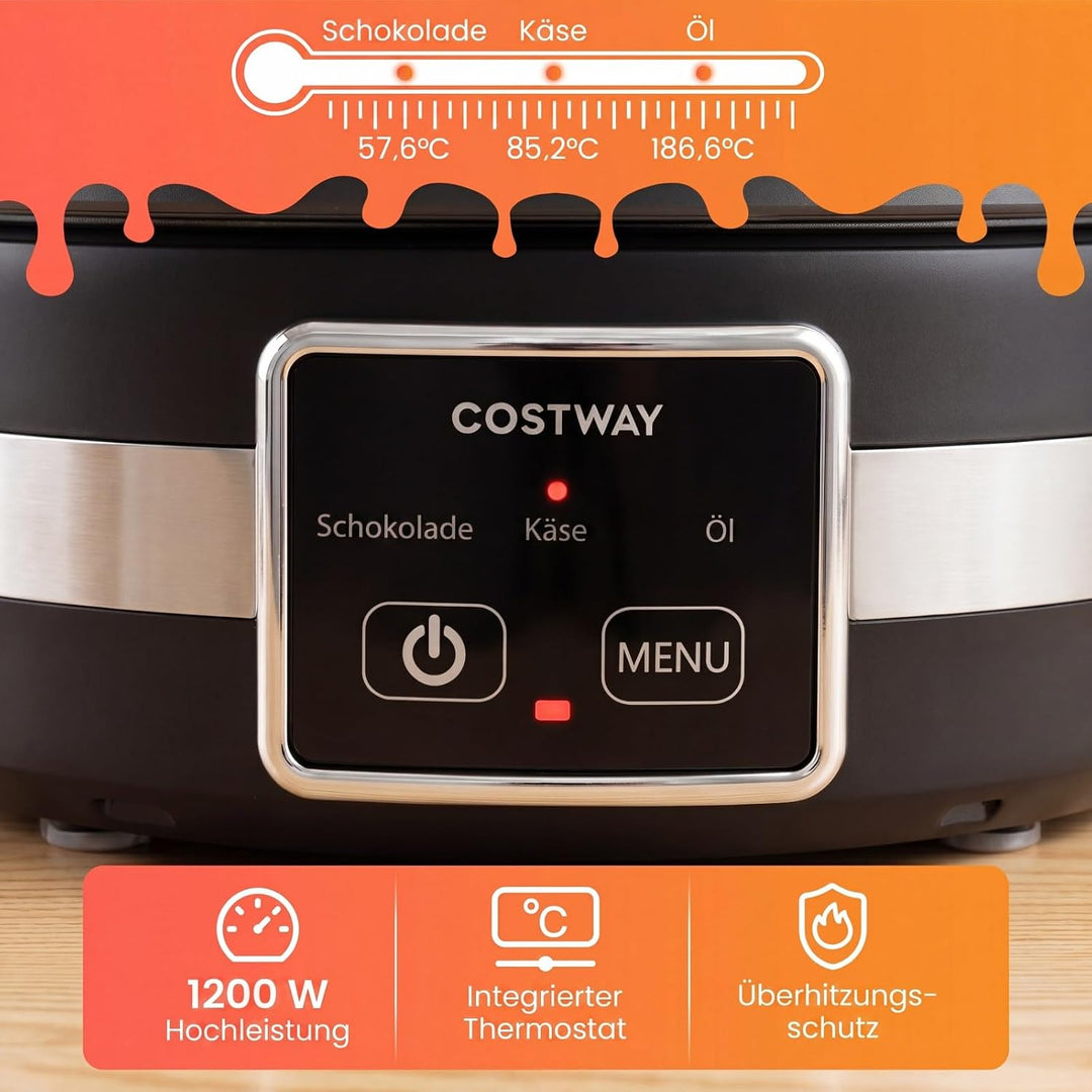 COSTWAY Fondue elektrisch Set, 1200W Fondueset mit 8 farblich markierten Gabeln & Gabelhalter, 2,3l
