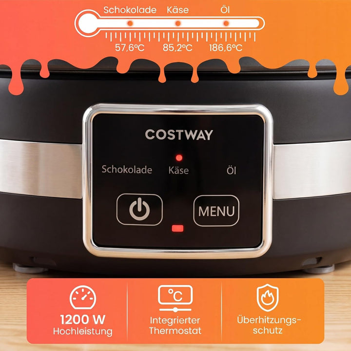 COSTWAY Fondue elektrisch Set, 1200W Fondueset mit 8 farblich markierten Gabeln & Gabelhalter, 2,3l