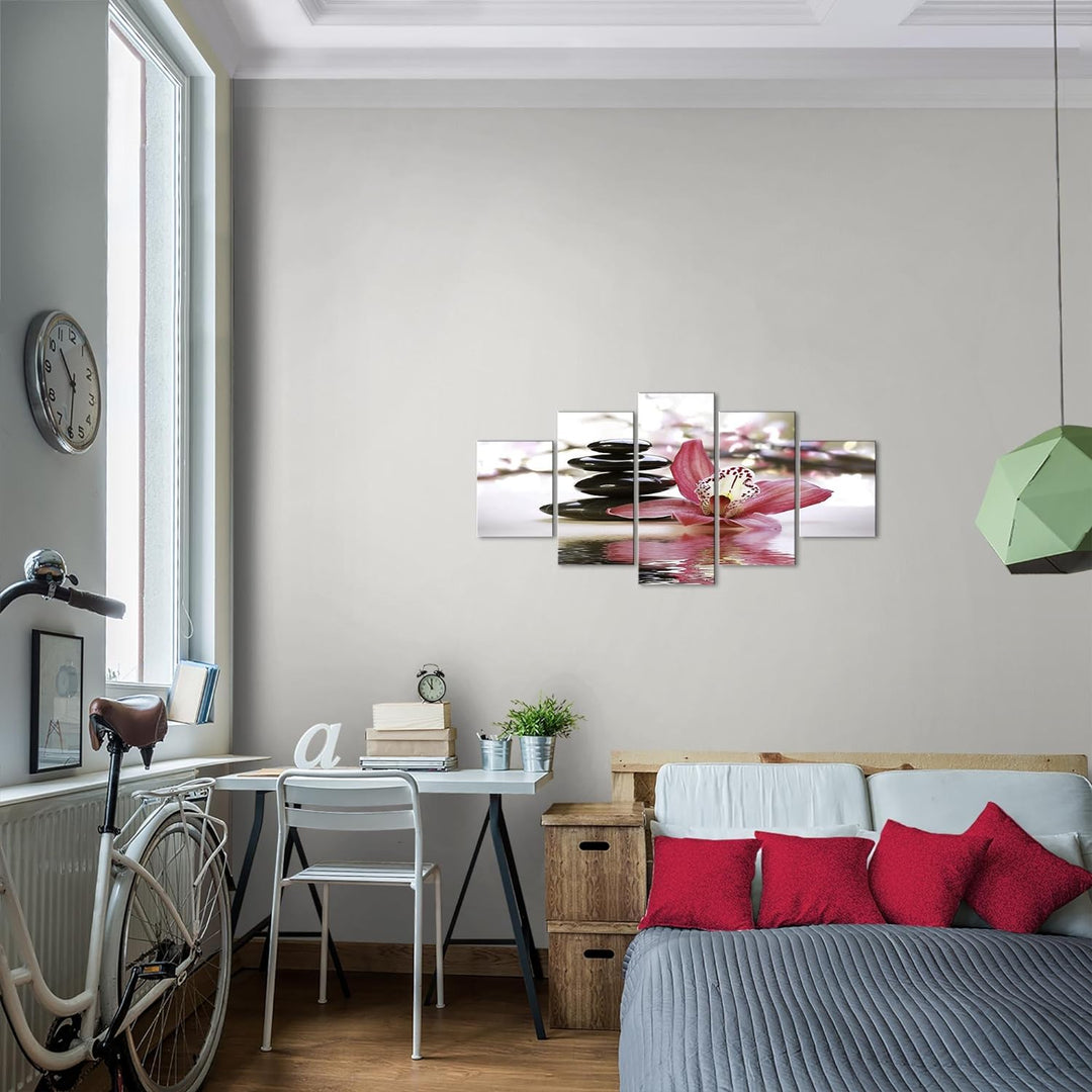 Runa Art Wandbilder Blumen Orchidee 5 Teilig Bild auf Vlies Leinwand Deko Wohnzimmer Steine Rosa Gra