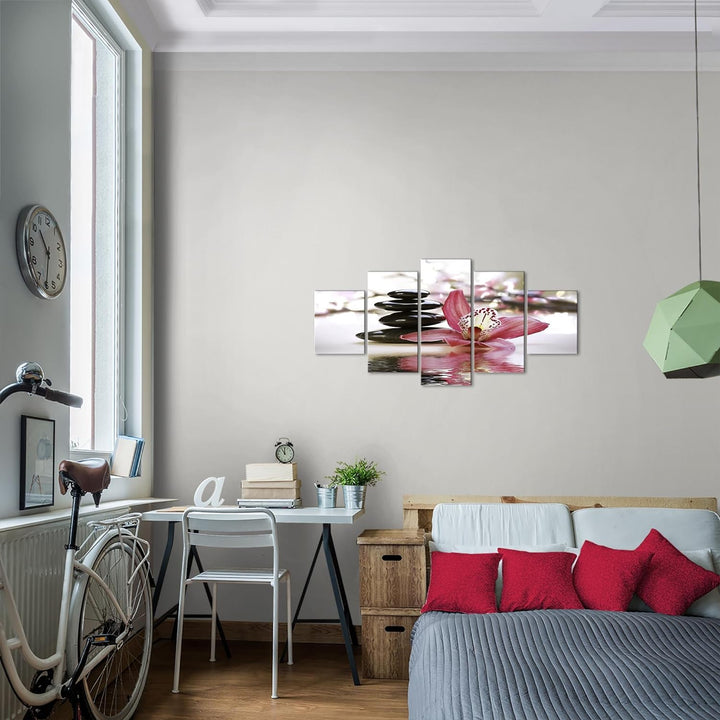 Runa Art Wandbilder Blumen Orchidee 5 Teilig Bild auf Vlies Leinwand Deko Wohnzimmer Steine Rosa Gra