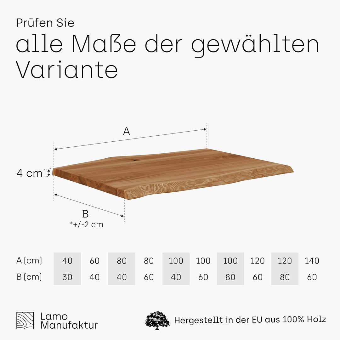 LAMO Manufaktur Tischplatte Massivholz für Couchtisch Nachttisch Beistelltisch Baumkante 60x40 cm, R
