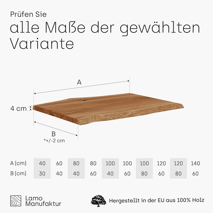 LAMO Manufaktur Holzplatte für Schreibtisch Tischplatte Massivholz Schreibtischplatte Baumkante 100x