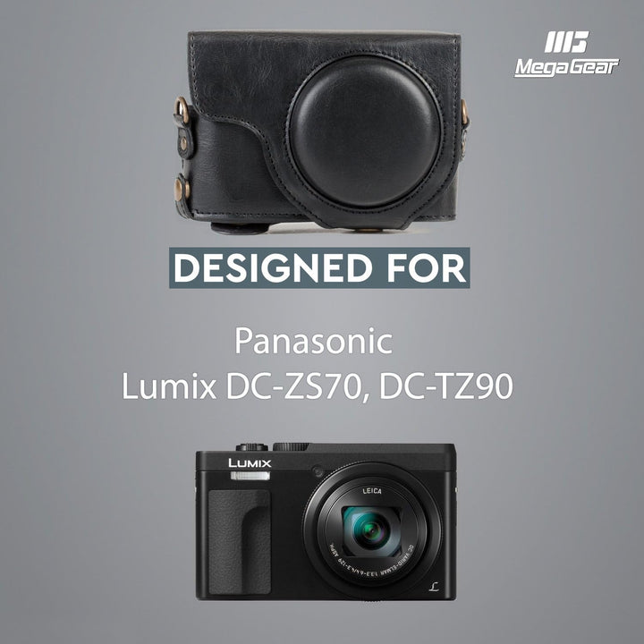 MegaGear MG1258 Panasonic Lumix DC-TZ95, DC-TZ90 Ever Ready Leder Kamera-Case mit Trageriemen - Schw