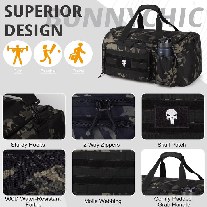 Taktische Sporttasche für Herren, 60L grosse Reisetasche mit Schuhfach, Sporttasche mit Nassfach, Mu