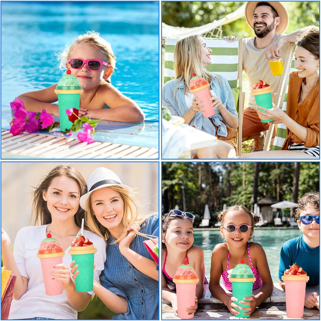 2er Set DIY Slush Becher, Silikon Squeeze Cup mit 2-in-1 Strohhalm und Löffel, Slush Eis Becher zum