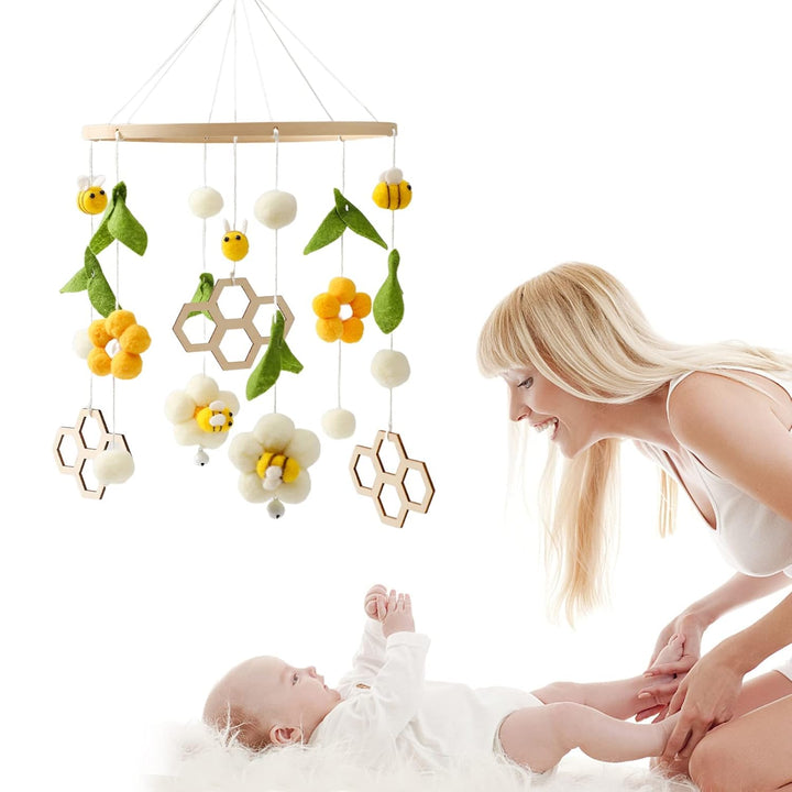 Mobile Baby Holz + Wollknäuel, Frische Blumen und Bienen, Windspiel Rassel Wickeltisch, Kinderzimmer