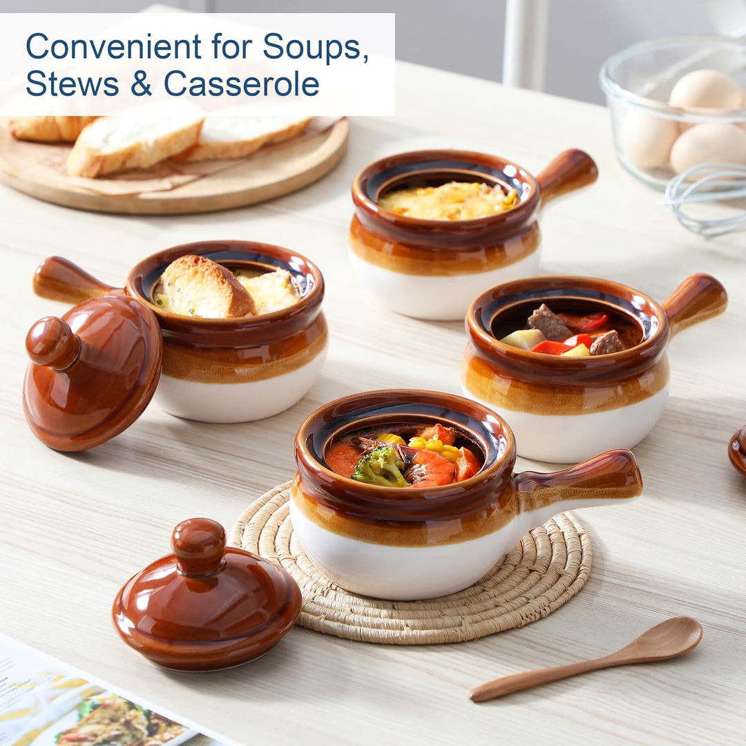 LOVECASA Französische Zwiebel, French Onion Soup Crocks, 4 Stück Steingut Zwiebelsuppe Schalen Set,