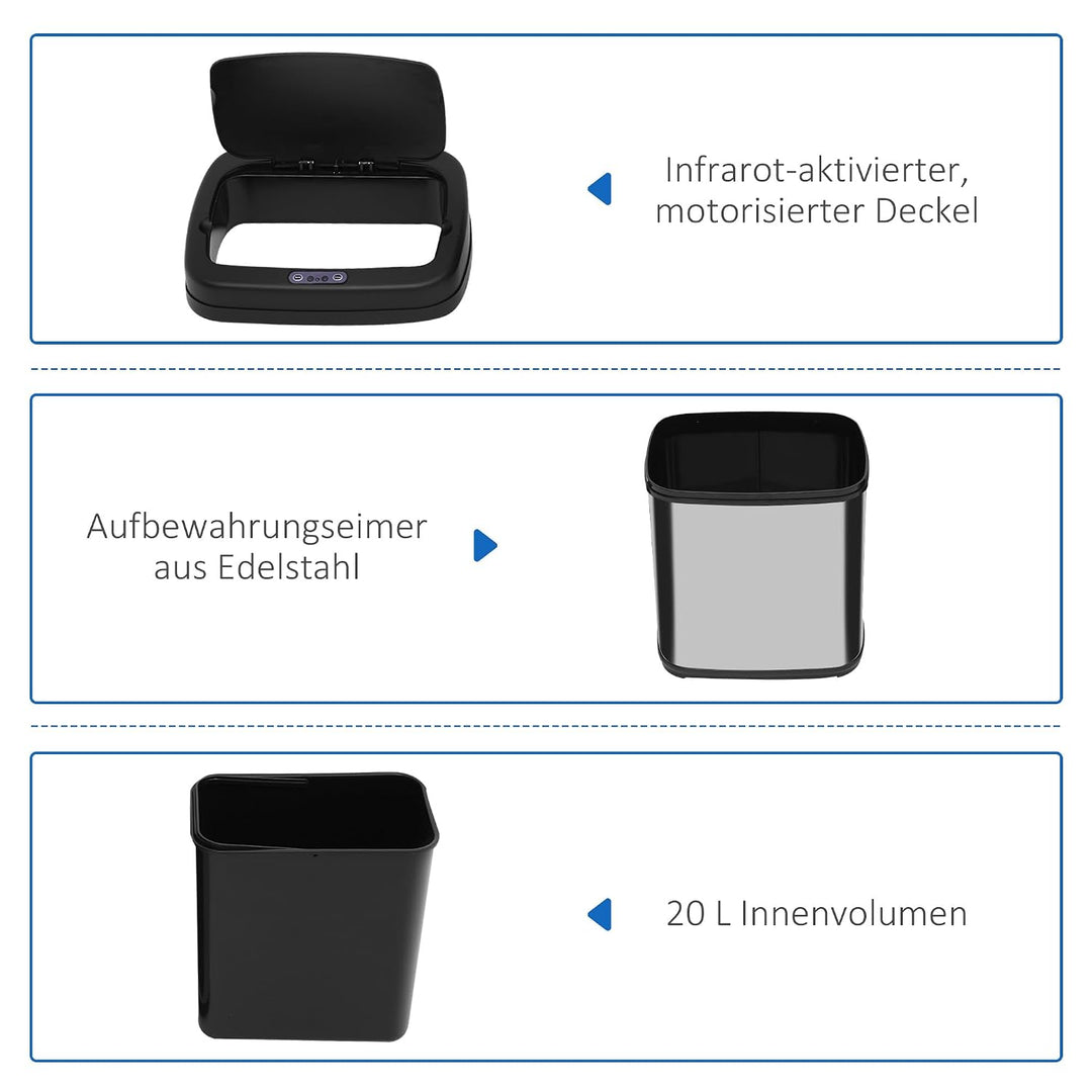 HOMCOM Sensor Mülleimer 20L Edelstahl mit Bewegungssensor Silber+Schwarz | Automatischer Mülleimer,