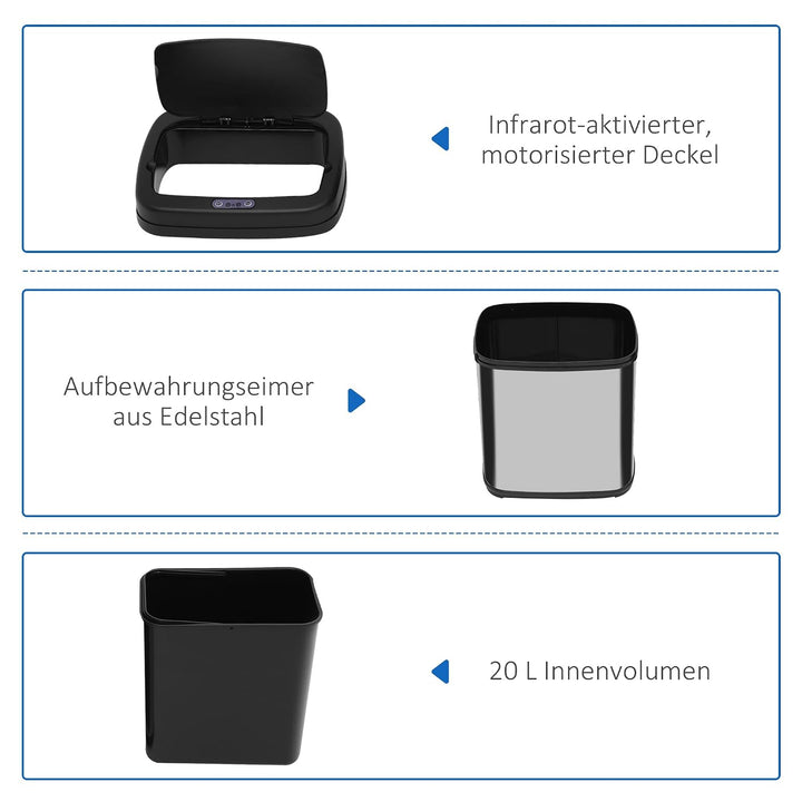 HOMCOM Sensor Mülleimer 20L Edelstahl mit Bewegungssensor Silber+Schwarz | Automatischer Mülleimer,