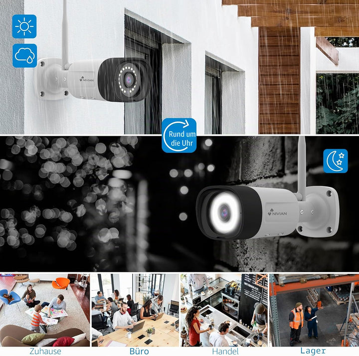 NIVIAN WLAN-Kamera-Set, Überwachungskamera Set, KI-Personenerkennung, Zwei-Wege-Audio, Nachtsicht, E