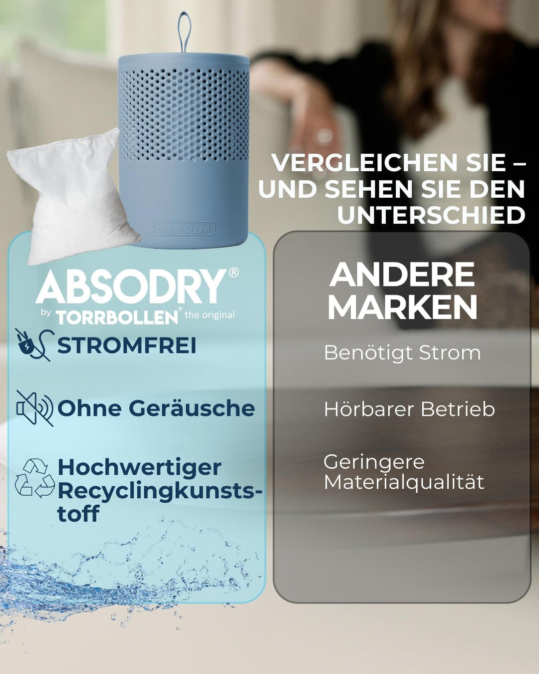 ABSODRY duo family Luftentfeuchter für 25m2 Entfeuchter 600 g Granulat-Beutel, 1000 ml leise ohne St