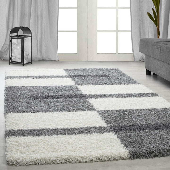 Carpetsale24 Teppich Wohnzimmer Moderne Kariert Design Shaggy Flokati 280 x 370 cm Hellgrau-Creme -
