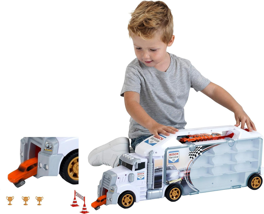 Klein Theo 2837 Bosch Car Service Sammelkoffer Truck mit integrierter Abfahrtsrampe | 26 Staufächer