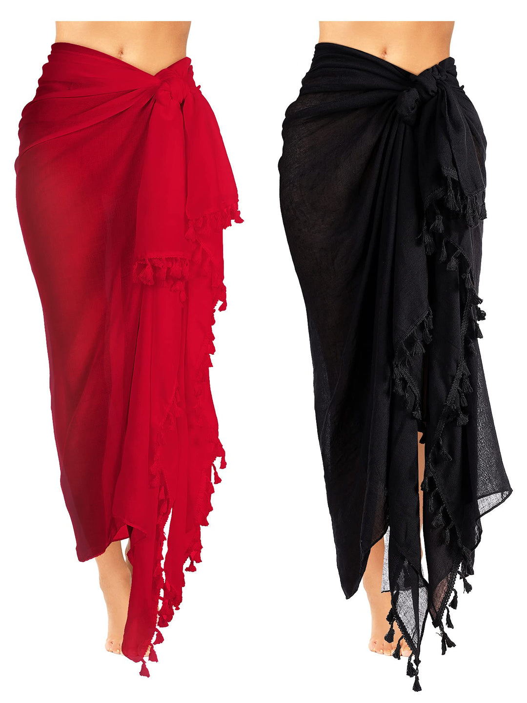 Boao 2 Stück Damen Strand Lang Sarong Badeanzug mit Quaste, Schwarz Rot