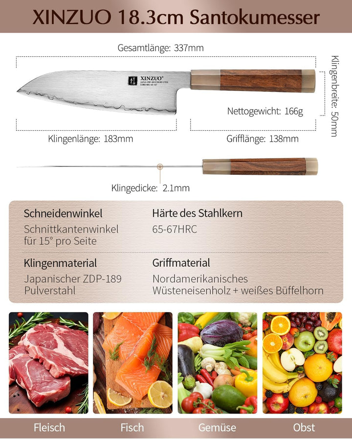 XINZUO 18.3cm Japanisches Santokumesser, Profi Küchenmesser Japanischer ZDP-189-Pulverstahl Chefmess