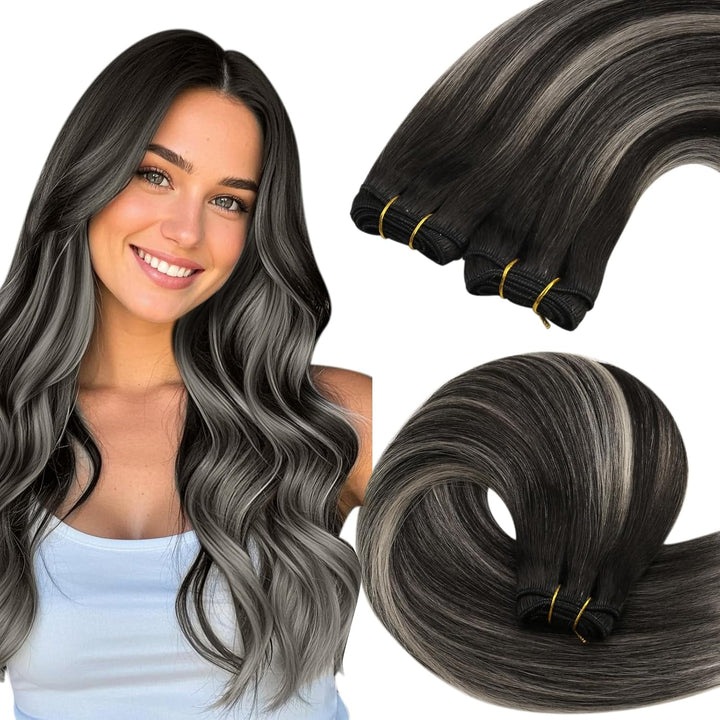YoungSee Tressen Extensions Echthaar Silber Echthaar Tressen Schwarz Ombre Silber Haartressen Echtha