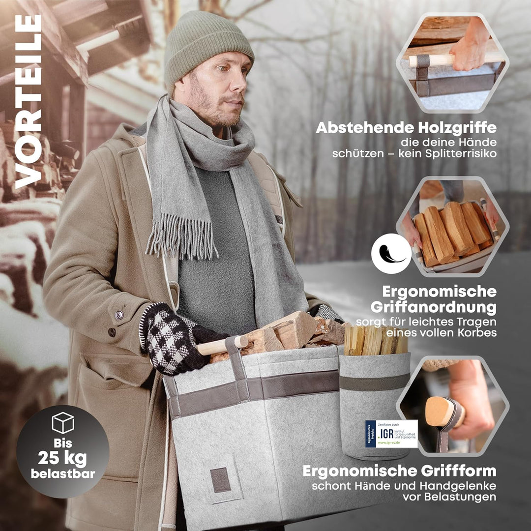 OAKAGE® Holzkorb für Kaminholz Gross mit Zündholzkorb [Integrierter Metallrahmen für Zusatzstabilitä