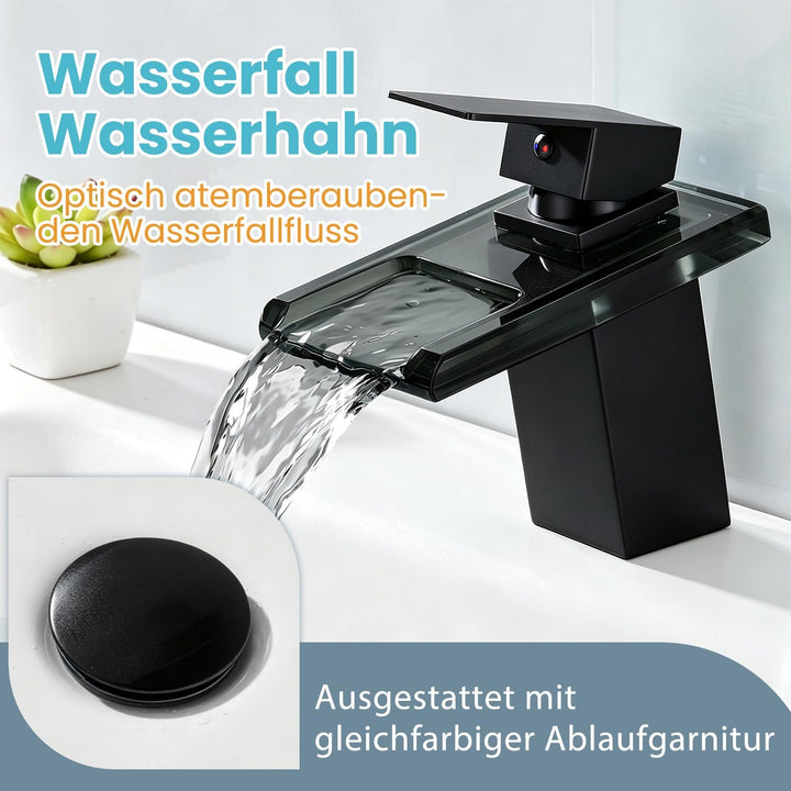 Wasserhahn Bad,Wasserfall Armatur Badezimmer Glas,Schwarz Schwarz Xs, Schwarz Xs