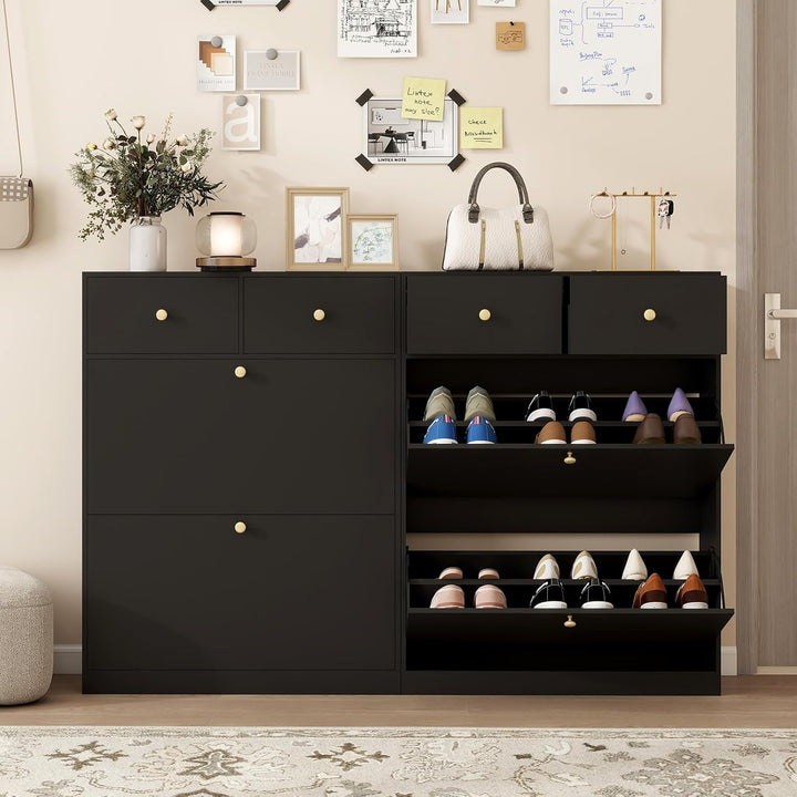 YOURLITE Schuhschrank Schmal, Schuhkipper mit 2 Klappen und 2 Schubladen, Schwarz Schuhregal, Trennw