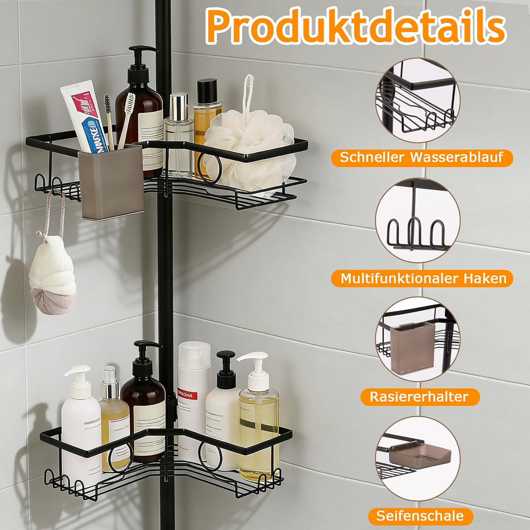 Duschregal Teleskop ohne Bohren, Teleskop Duschregal – Bathroom Organizer mit 4 Ablagen & Haken, 77.