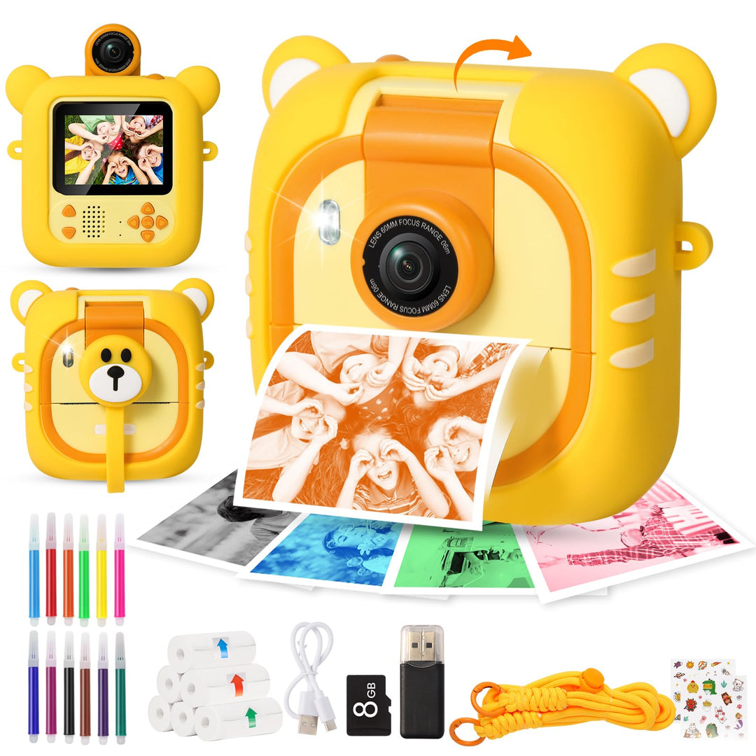 ARNSSIEN Sofortbildkamera Kinder,7 Druckpapier (4x Farbe: Orange/Rot/Grün/Blau + 3x SW),2.4" Kinderk