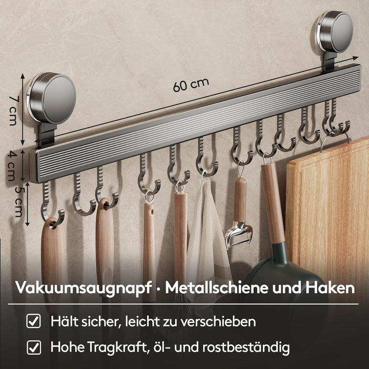 FERCOSEN Hakenleiste Küche ohne Bohren mit Saugnapf | 12 Haken, 60 cm lang, 20 kg Tragfähigkeit, 1-M