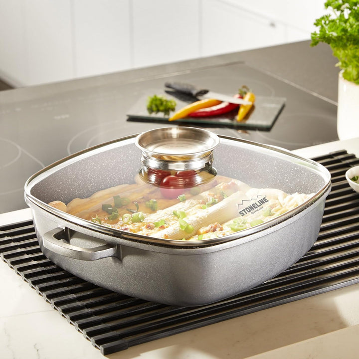 STONELINE Servierpfanne Eckig 32 cm, Eckige Pfanne Induktion mit Deckel, Aroma Funktion, Aluguss, An