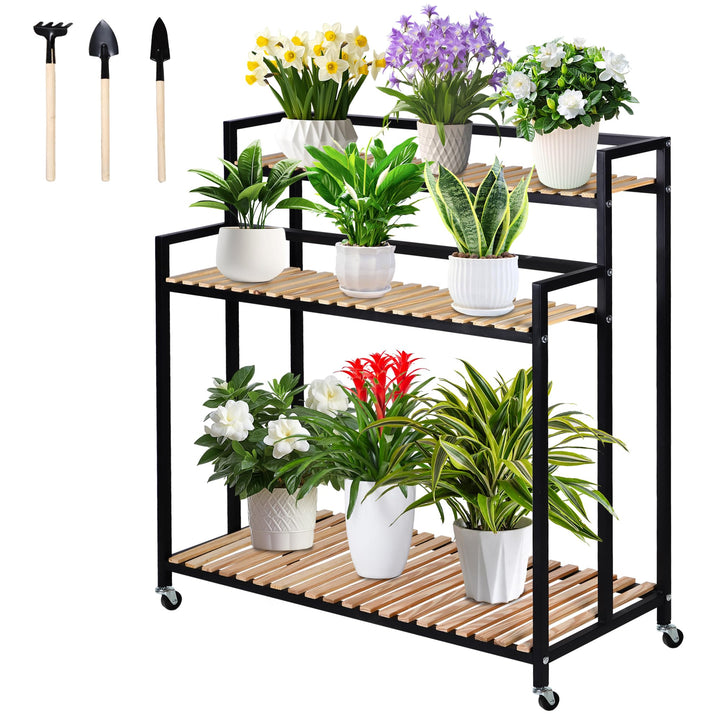 3-Tier Metallisches Pflanzenregal Klappregal mit Rollen – platzsparendes Etagen-Design für Innen & A