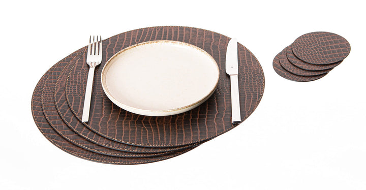 Nikalaz Rund Platzsets und Untersetzer aus recyceltem Leder, 4 Stück Platzdeckchen 33 cm und 4 Unter