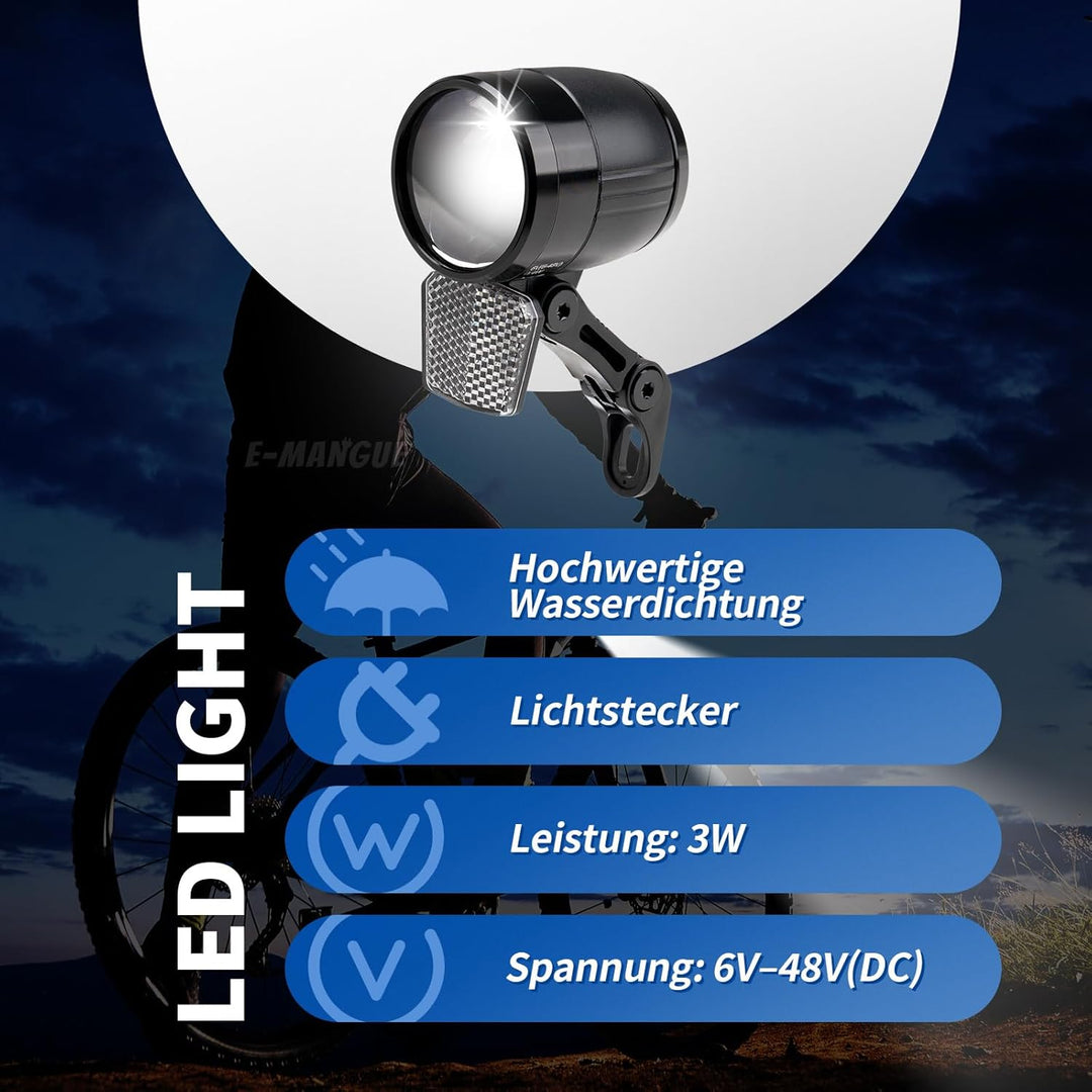 E-Bike Dynamo LED Fahrradlicht Vorne, 30-120 LUX StVZO Zulassung Frontlicht, Fahrradlicht mit Reflek