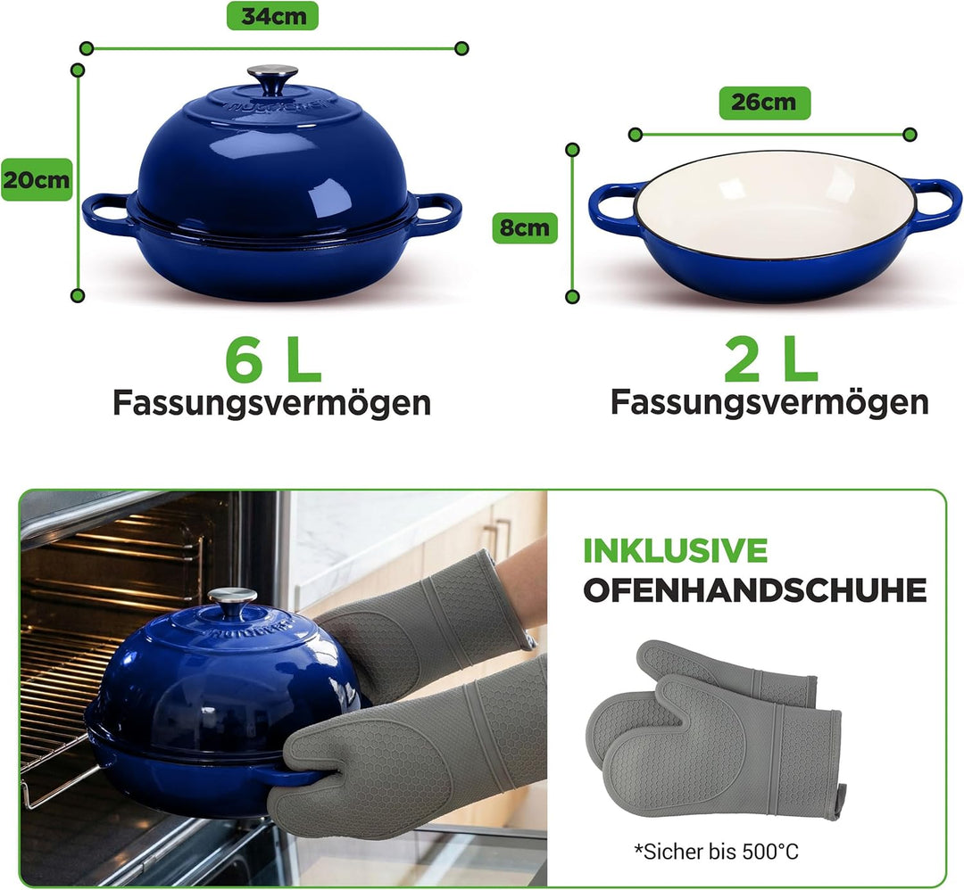 NutriChef Gusseisentopf zum Brotbacken 26 cm Dutch Oven Emailliert Blau– Mit Deckel und Griffen – In