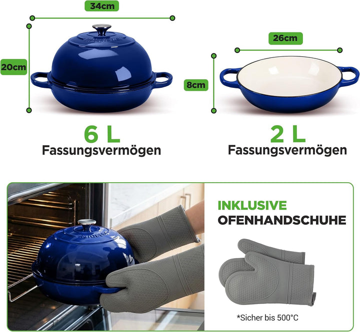 NutriChef Gusseisentopf zum Brotbacken 26 cm Dutch Oven Emailliert Blau– Mit Deckel und Griffen – In