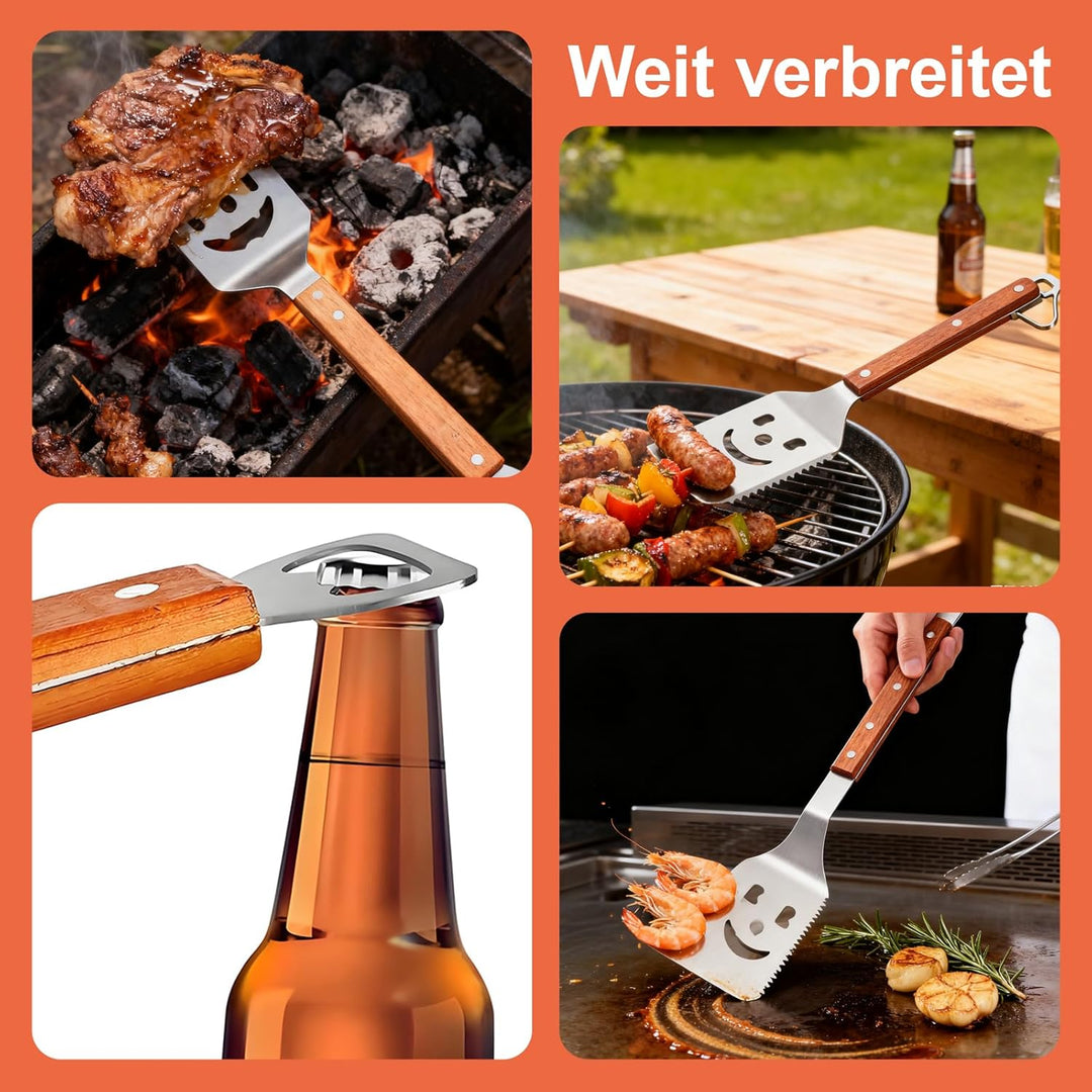 7 in 1 Grillspachtel für Barbecue Grill, Grill Zubehör, Multifunktionales Grillwerkzeug mit Holzgrif