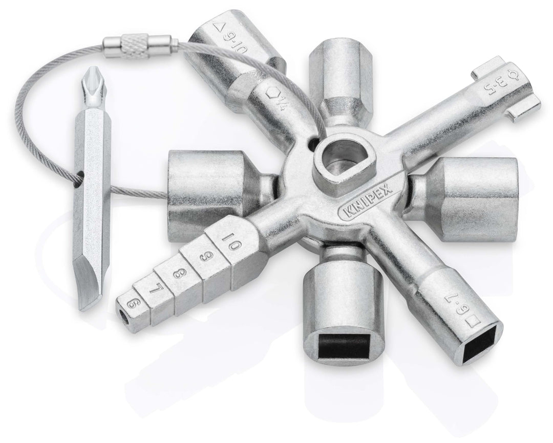 KNIPEX TwinKey® Schaltschrankschlüssel, für gängige Schliesssysteme, 10 Profile, 2 Kreuze, 1 Schlüss