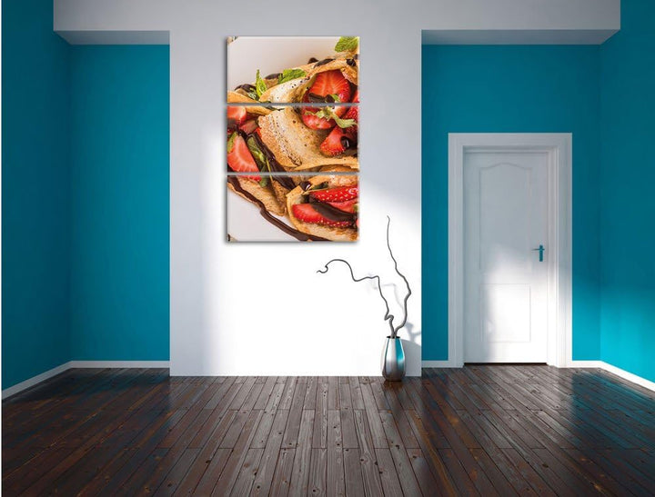 Pixxprint Crepes mit Erdbeeren 3-Teiler Leinwandbild 120x80 Bild auf Leinwand