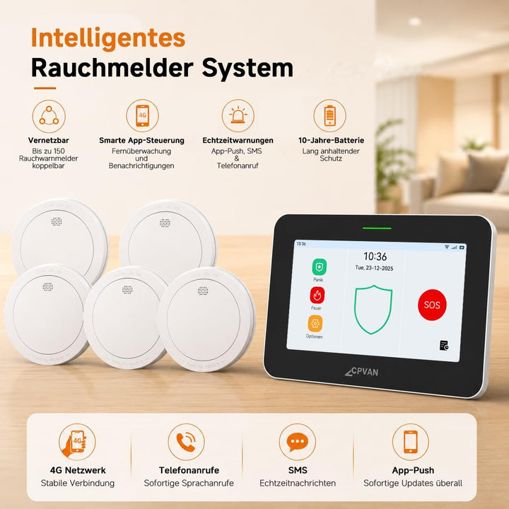 CPVAN GSM + WiFi Smart Rauchmelder Vernetzt 10 Jahre Batterie mit 7" Touch Screen 110dB Zentralpanel