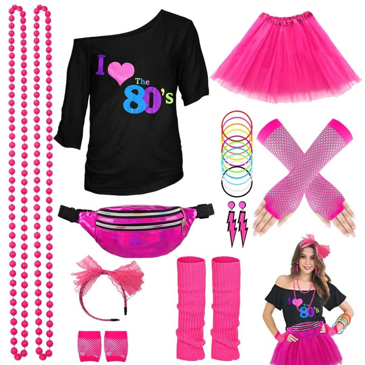 WILDPARTY 80er Jahre Outfit Damen Set, T-Shirt, Tutu, Gürteltasche, Stirnband, Ohrring, Halskette, N