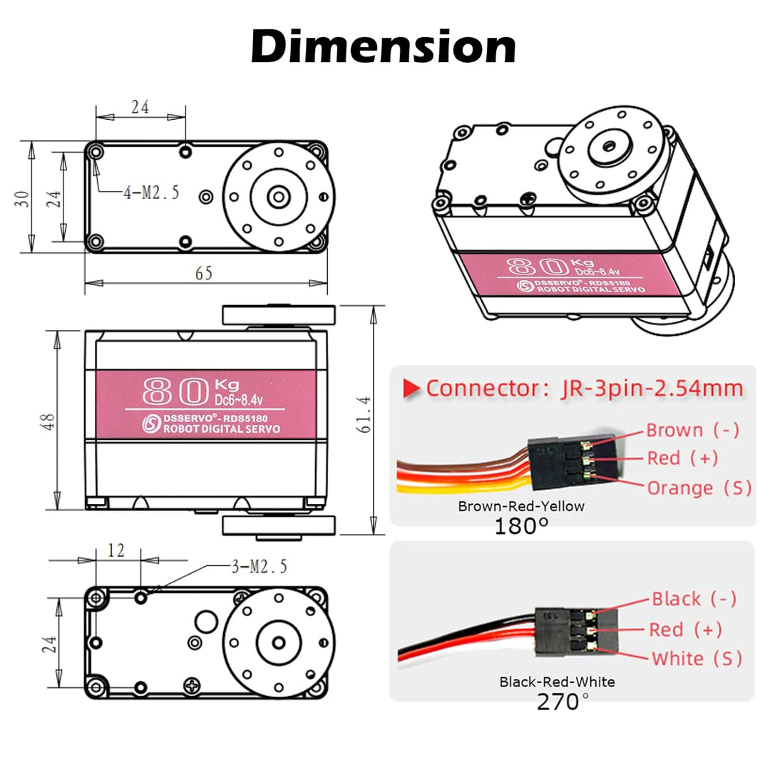 RDS5180 80kg Digitaler Metall-Roboter-Servomotor mit hohem Drehmoment Doppelwellen-Roboter-Servoarm